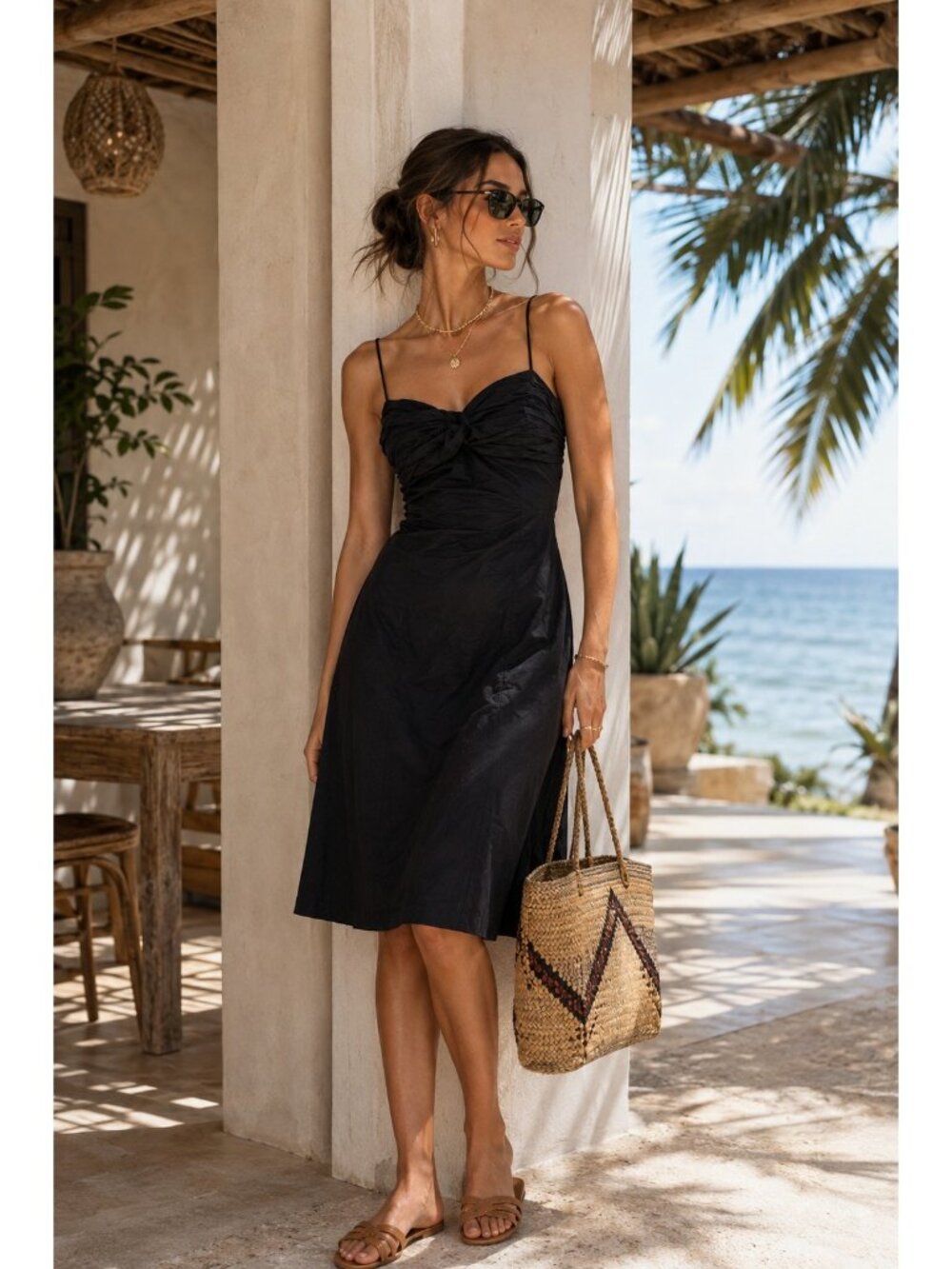 Club Monaco Black Ruched Bust Cotton Midi Slip Dress Size 4 Spaghetti Strap